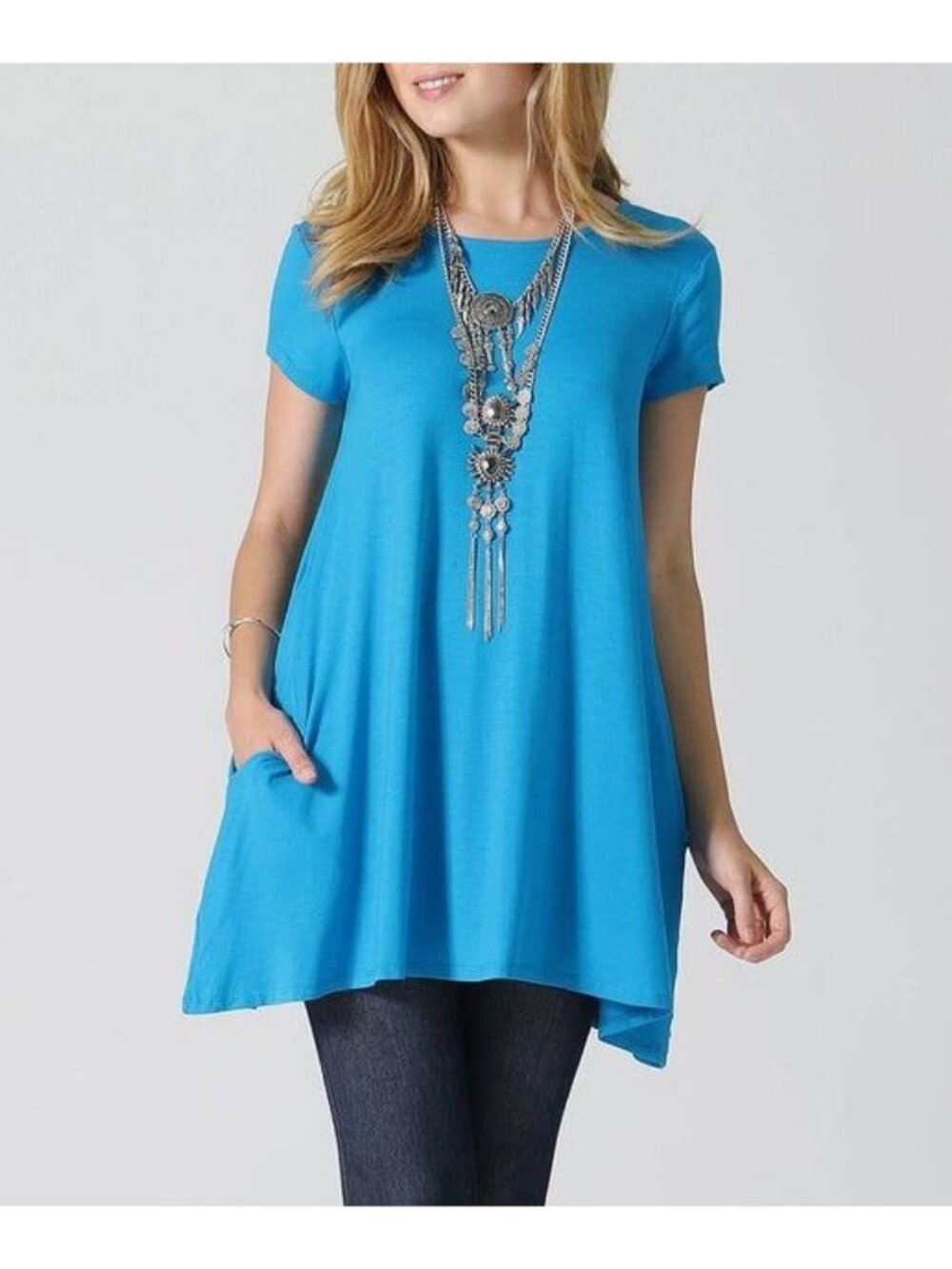 Women's Plus Size Turquoise Tunic Top With Pockets Scoop Neck Short Sleeves Stre